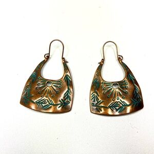 Boho Bronze and Teal Patterned Drop Dangle Earrings